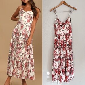 Rooting for Romance Cream Floral Print Tiered Maxi Dress NWOT